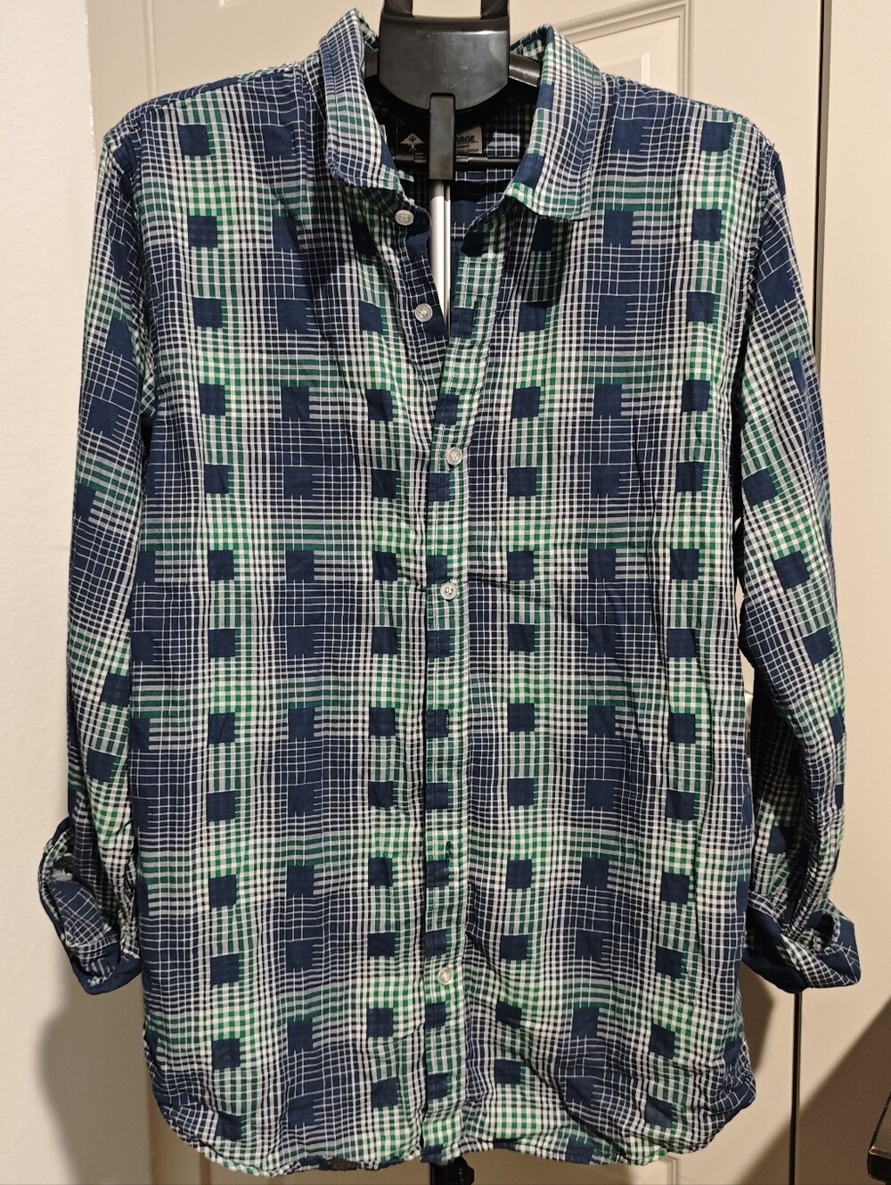 Lifted Research Group Men's Blue Green Plaid Long Sleeve Shirt Size XL